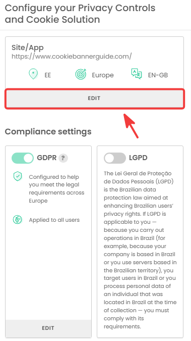 Site/App card with its Edit button in iubenda consent settings