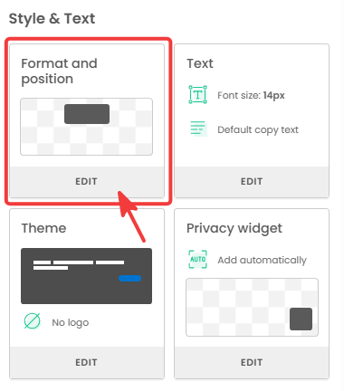 iubenda Style and Text settings with Format and position highlighted