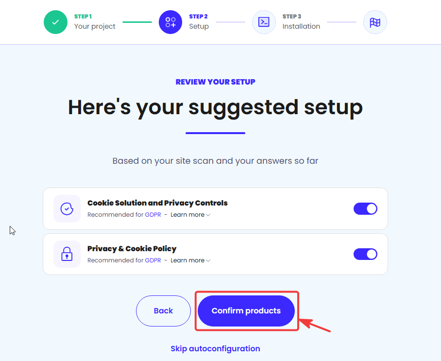 iubenda suggested Cookie Solution and Privacy and Cookie Policy products