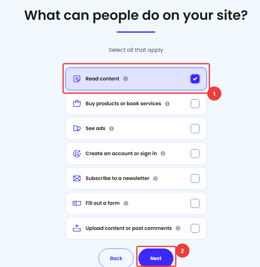 iubenda setup options showing activities visitors can perform on the website