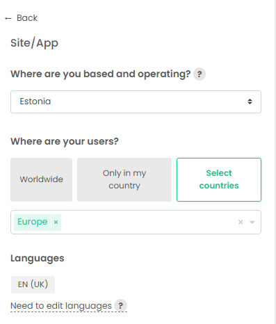 iubenda Site/App settings showing Estonia as the operating country and Europe as the visitor region