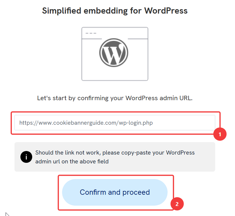 iubenda WordPress connection screen showing the admin URL field