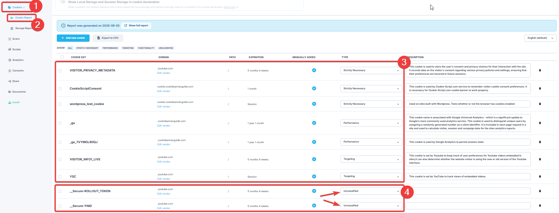 Editable CookieScript Cookie Report with unclassified entries highlighted