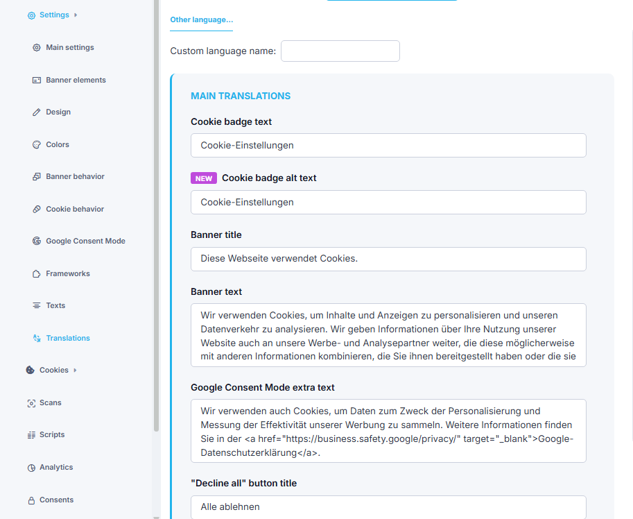 German CookieScript banner translation fields