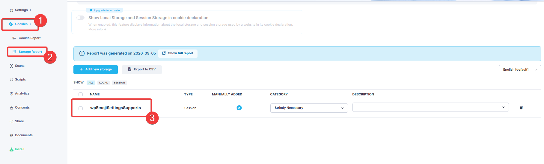 CookieScript Storage Report showing a WordPress session storage item