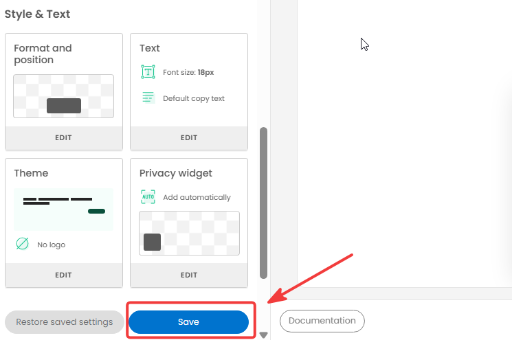 Save button at the bottom of the iubenda Style and Text settings