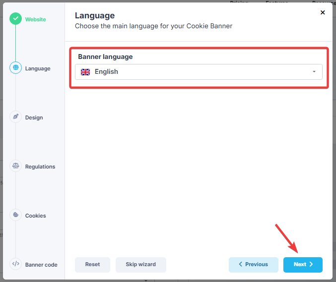 CookieScript banner language selection set to English