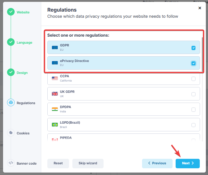 GDPR and ePrivacy Directive selected in CookieScript
