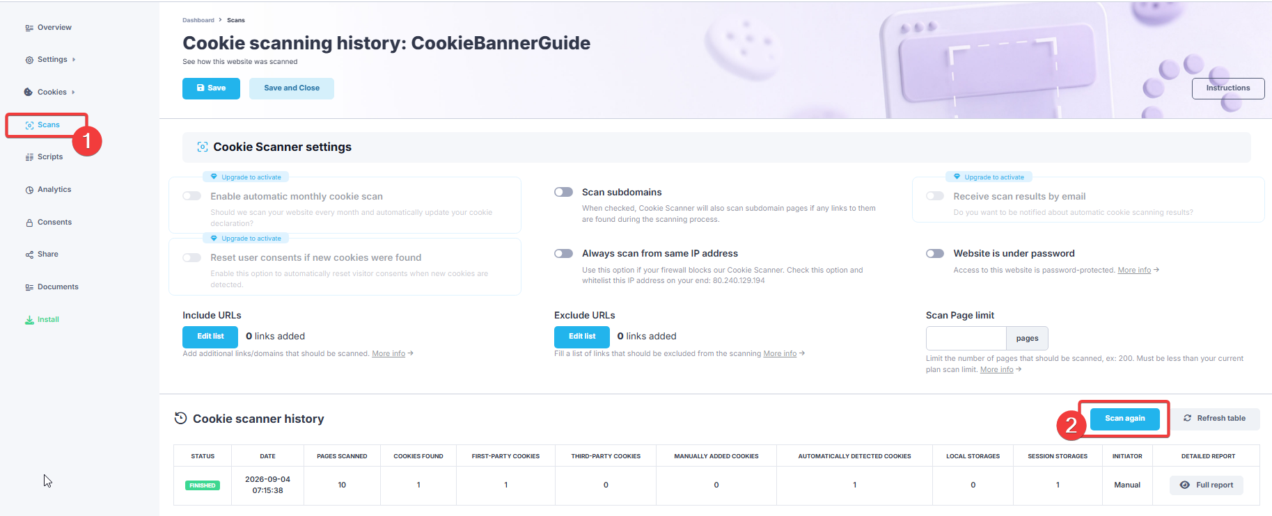 CookieScript scanner page with the Scan again button highlighted