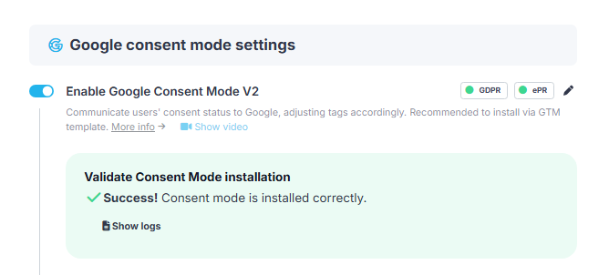 Successful Google Consent Mode validation in CookieScript