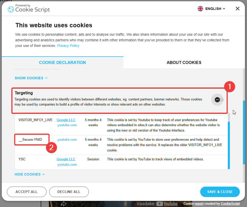 CookieScript cookie declaration showing the updated YouTube cookie