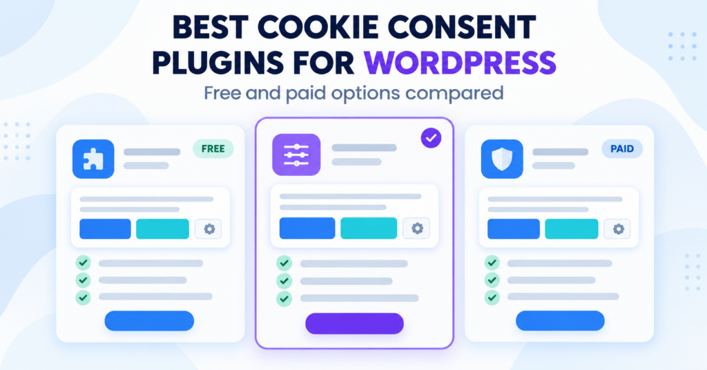 Illustration comparing free and paid cookie consent plugins for WordPress