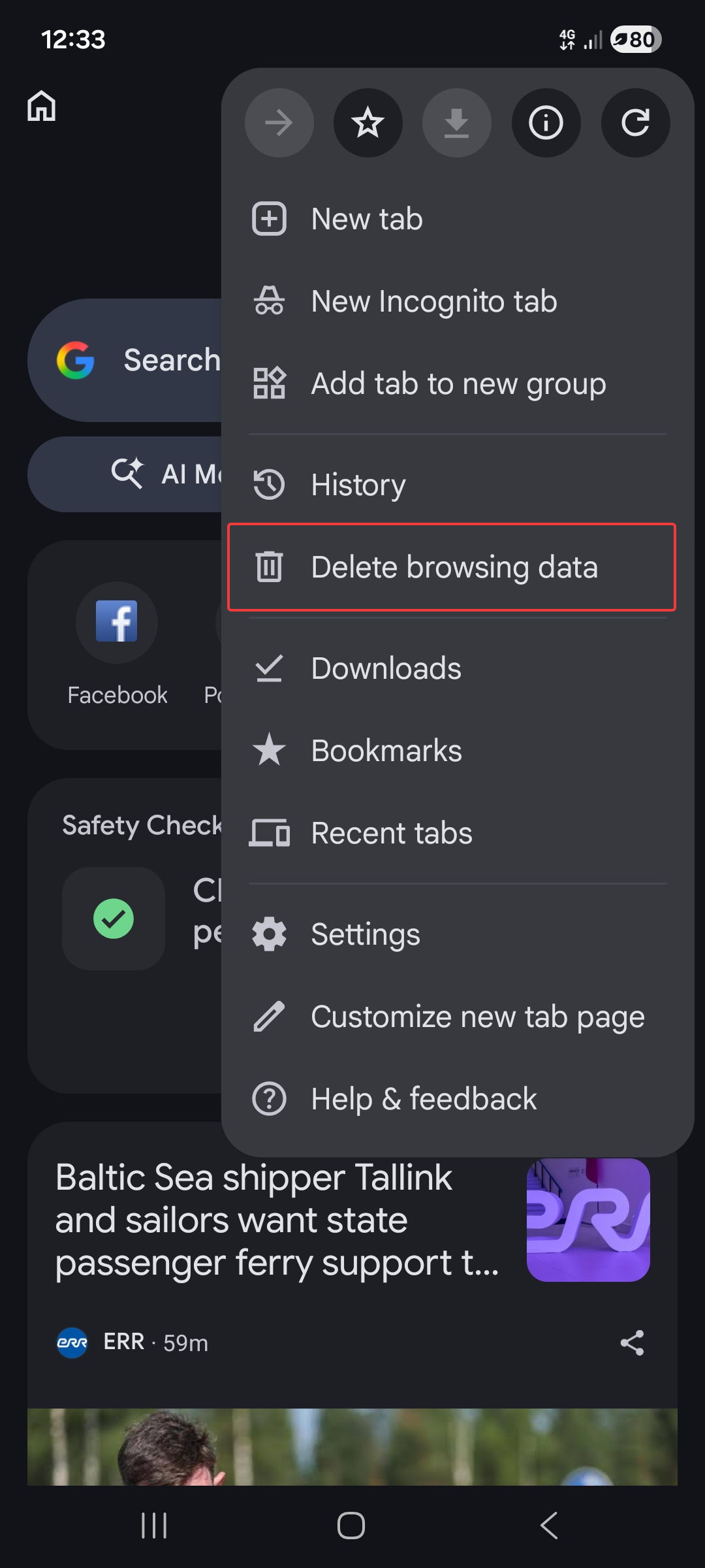 Chrome Android menu with Delete browsing data highlighted
