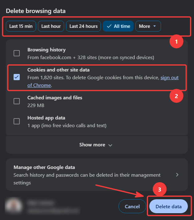 Chrome dialog with All time and Cookies and other site data selected