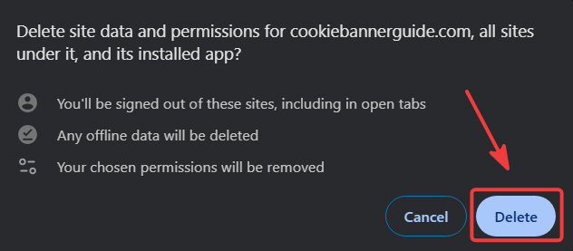 Chrome confirmation dialog for deleting website data and permissions