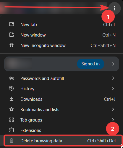 Chrome desktop menu with Delete browsing data highlighted