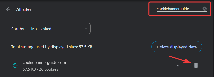 Chrome site data filtered to cookiebannerguide.com with its trash icon indicated