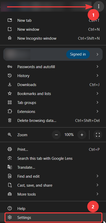 Chrome desktop menu with Settings highlighted