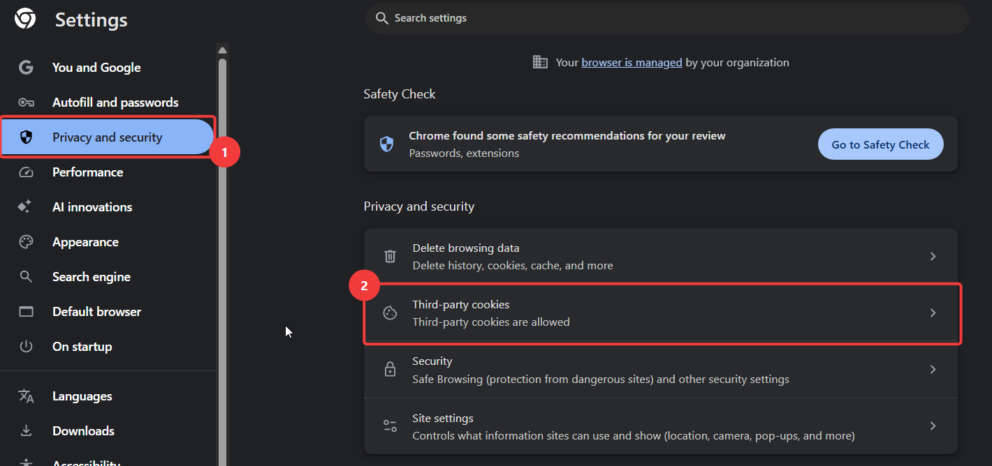 Chrome Settings with Privacy and security and Third-party cookies highlighted
