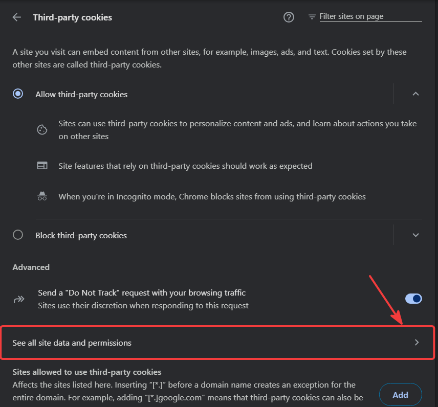 Chrome cookie settings with See all site data and permissions highlighted
