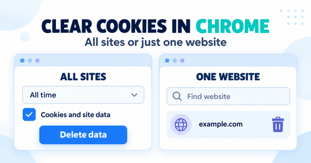 Illustration showing how to clear cookies in Chrome for all sites or one website
